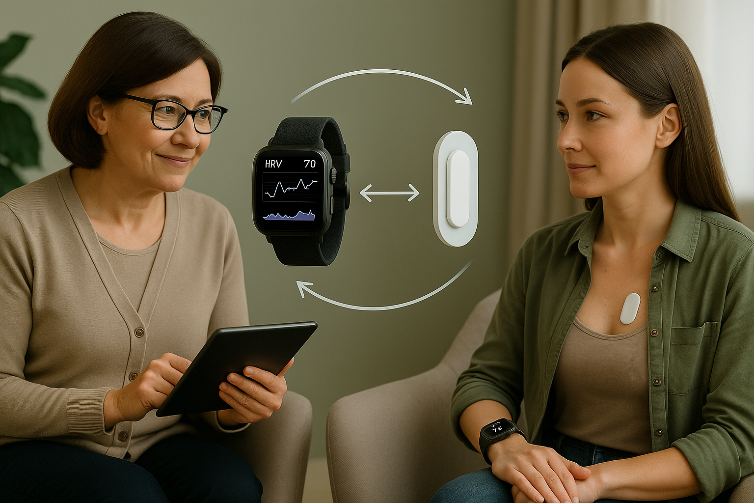 Somatic therapist and client with wearable monitoring devices